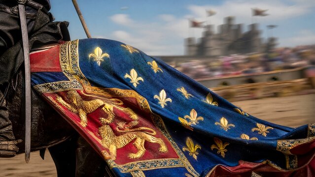 A medieval caparison billowing in the wind with vibrant colors.