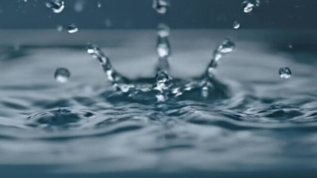 Water droplet creating ripples on a calm liquid surface under soft studio lighting