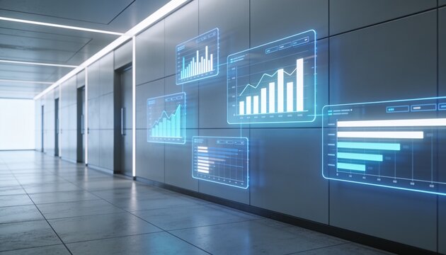 Ultra realistic 3D corridor with floating charts and graphs showing data driven decision making 4k stock image
