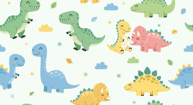 Seamless pattern with colorful cartoon dinosaurs and clouds on white background.