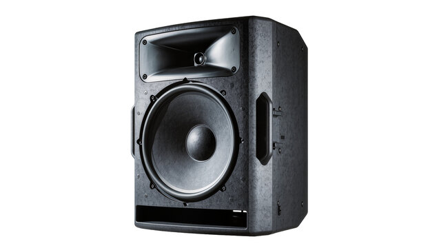 Professional black audio speaker with textured cabinet, isolated on transparent background