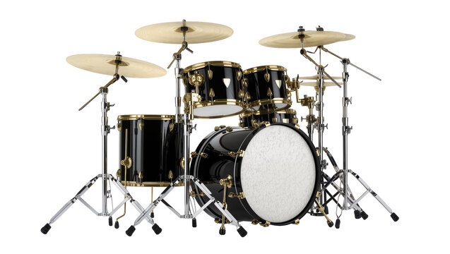 Shiny black drum set with gold hardware, isolated on transparent background