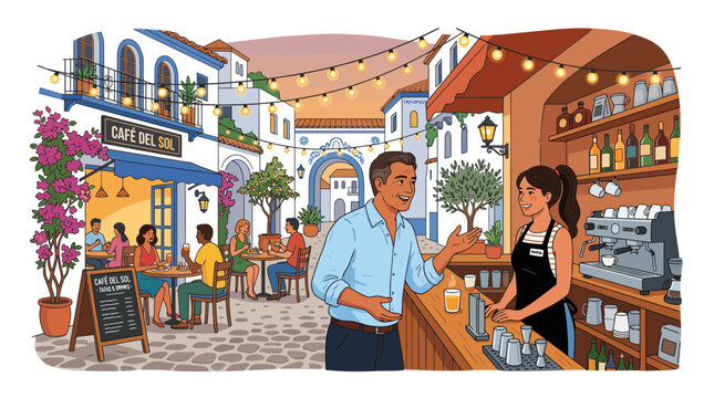 Illustration of a man and woman at a cafe bar in a mediterranean village setting