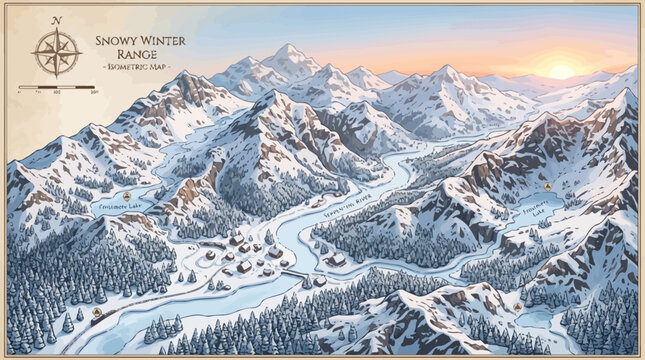 Snowy winter range isometric map with mountains and trees
