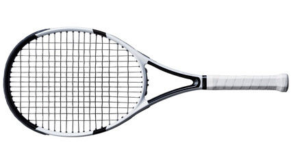 Modern white and black tennis racket with taut strings, isolated on transparent background © Maria