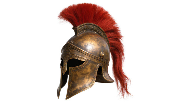 Ancient Greek Corinthian helmet with red plume, isolated on transparent background