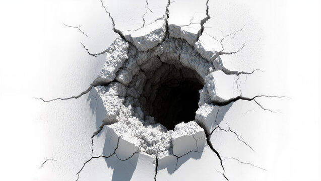 Cracked white plaster surface with a dark hole in the center, isolated on transparent background