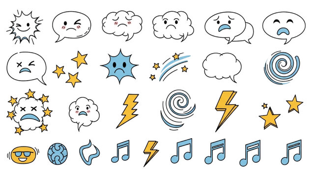 Weather forecast icons show various cloud types and music notes with lightning and stars