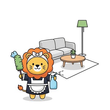 Cartoon lion wearing a maid outfit holding a duster and spray bottle, with sofa, table, lamp, and rug