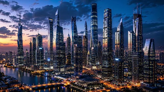 Futuristic waterfront megacity skyline at dusk, advanced architecture, innovation, urban growth, technology and smart city concept.
