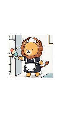 Cartoon lion wearing maid attire dusting inside a home. A comical illustration featuring an anthropomorphic animal
