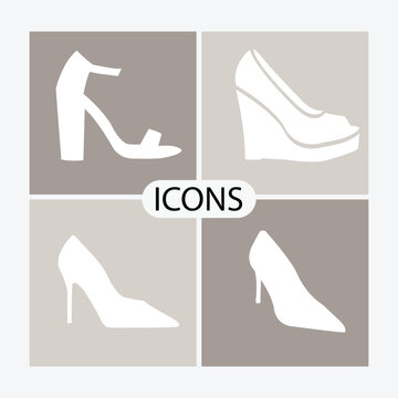 Minimalist high heels icons set, elegant white female footwear silhouettes on beige background, collection of 4 stylish women shoes vector graphics for fashion retail and boutique branding.