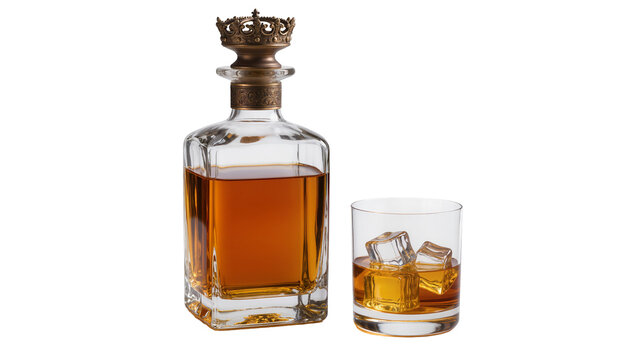 Ornate crown stopper decanter with amber liquor and ice filled rocks glass, isolated on transparent background