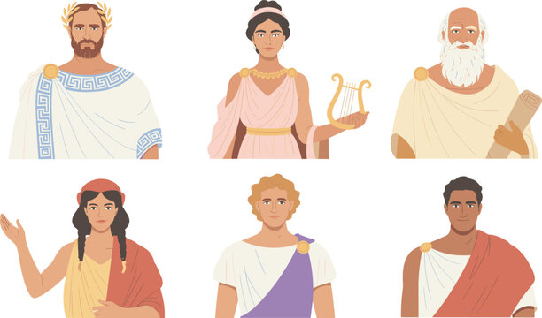 Ancient Greek and Roman Philosophers and Citizens Avatar Icon Set with Toga Clothing, Lyre, and Scroll for Historical and Mythology Graphic Designs