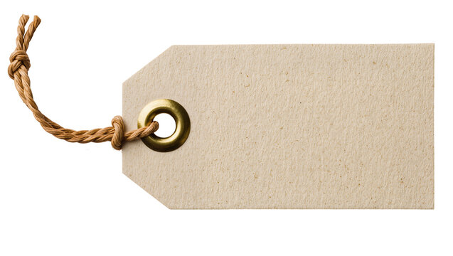 Blank kraft paper price tag with brass grommet and twine, isolated on transparent background