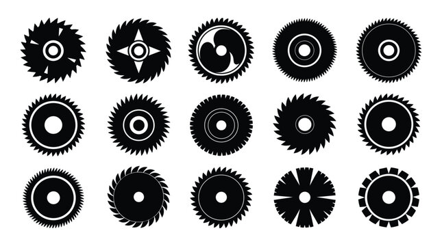 Saw Blade Vector Collection with Circular Cutting Tool Silhouette Set.