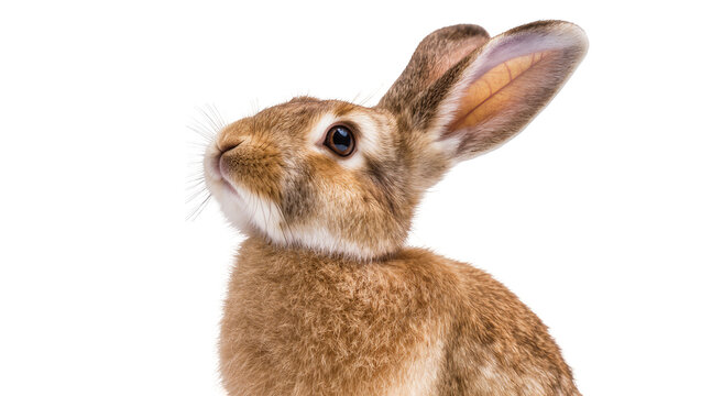 Brown rabbit with long ears looking up, isolated on transparent background