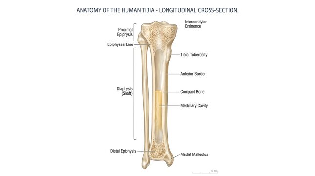 Longitudinal cross‑section of the human tibia depicting proximal epiphysis, tibial plateau, tibial tuberosity, shaft with compact bone and medullary cavity, distal epiphysis, medial malleolus and arti