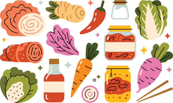 Set of fermented vegetables kimchi carrots cabbage and chili peppers on white background art