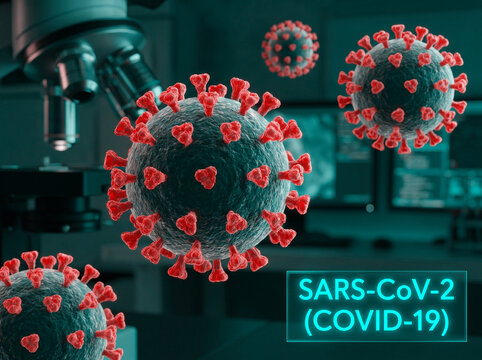 SARS-CoV-2 (COVID-19) virus particles with microscope in background