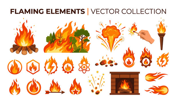 Bright fireball and flame icon collection flat vector illustration isolated on white