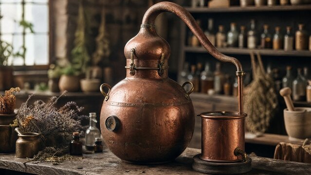 Vintage copper alembic still on a wooden workbench in an alchemist's workshop with a blurred background.