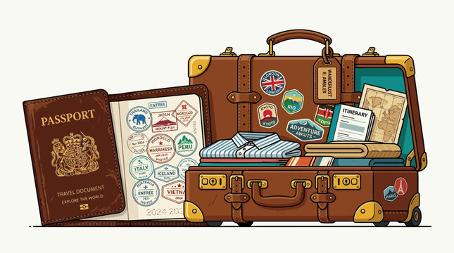 Vintage Suitcase Packed for Adventure with Passport and Travel Stamps
