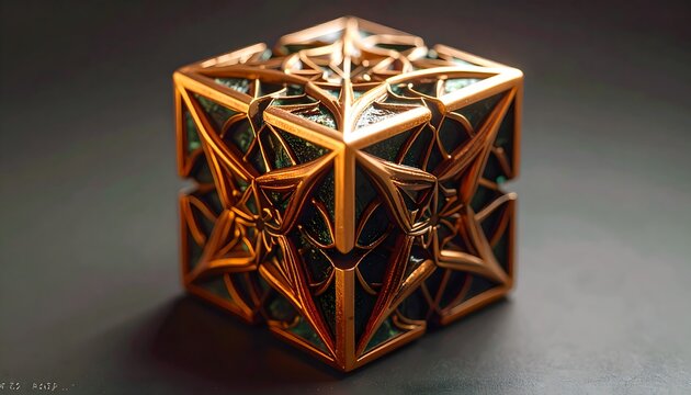 Mystical golden cube with intricate emerald patterns, evoking ancient magic and hidden knowledge