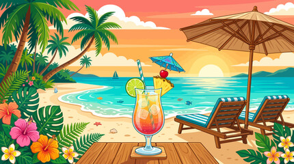 Tropical beach paradise at sunset with cocktail, lounge chairs, and palm trees © Rizal