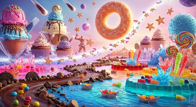 Colorful cosmic fantasy scene with magical elements and celestial beings.