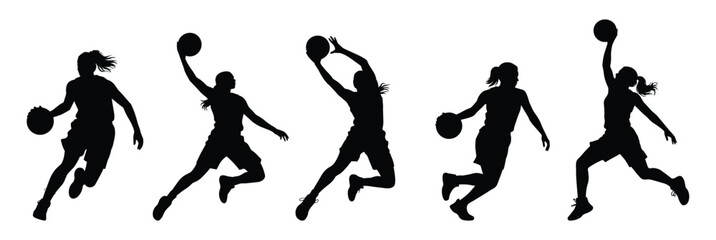 Female Basketball Player Silhouette Set Vector Women Sports Action Poses Collection. © Madusanka