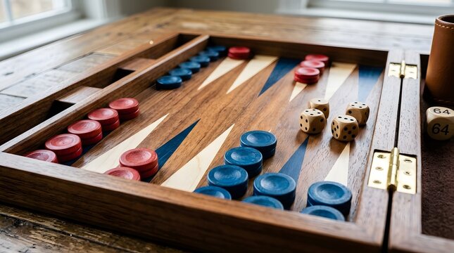 Wooden backgammon board game set with colorful checkers and rolling dice sitting on a table in a bright sunny room
