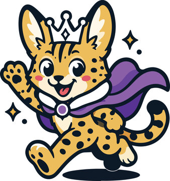 Cartoon serval cat superhero mascot with crown and purple cape