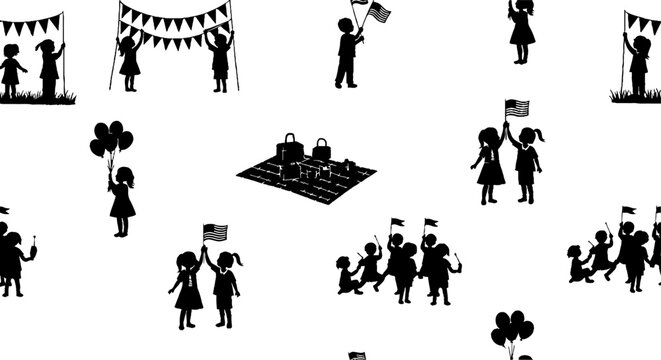 Silhouette figures celebrating festive parade and community events.