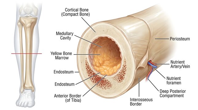 Cross‑sectional anatomy of the human tibia shaft showing thick cortical compact bone, spongy trabecular bone, medullary cavity with yellow marrow, periosteum, endosteum, nutrient artery and vein, ante