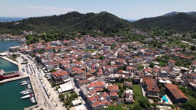 Aerial view of limenas town harbor in thassos island greece