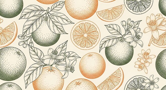 Seamless pattern of hand drawn sketch orange fruits and citrus leaves