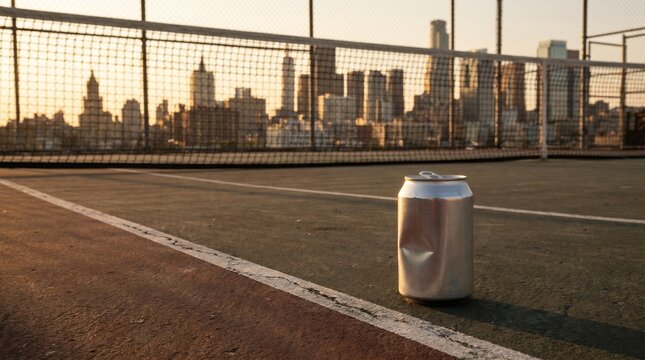 Empty dented aluminum soda can on outdoor sports court with New York City skyline at sunset