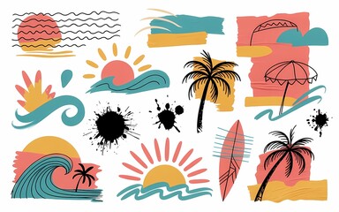 Obraz premium A collection of vibrant collage elements featuring hand-torn paper textures in tropical sunset color