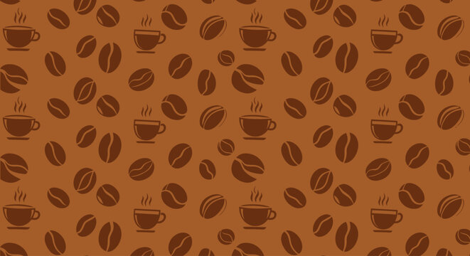 Seamless pattern of coffee beans on a brown background for design.