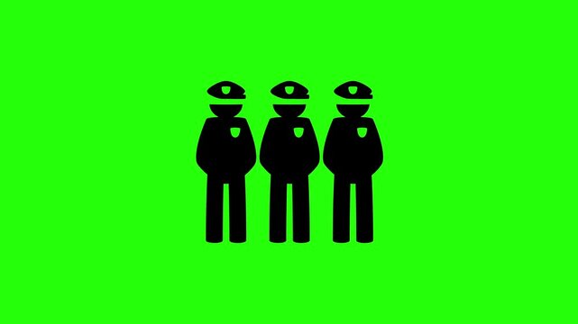 4K horizontal layout featuring a row of group cop officers standing in formation squad silhouette bouncing fluidly. Tactical security popup wayfinding icon.