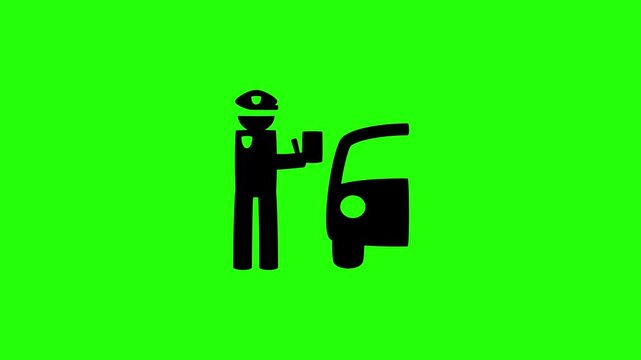 Dynamic 4K resolution asset showing an officer writing a traffic ticket citation to a car driver silhouette bouncing. Playful popup violation warning icon.
