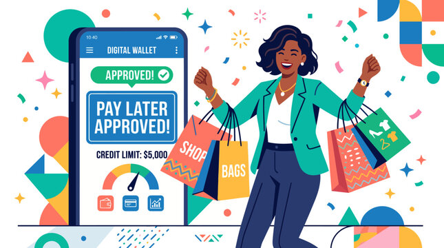 Excited businesswoman celebrating pay later credit approval with smartphone screen and shopping bags vector illustration