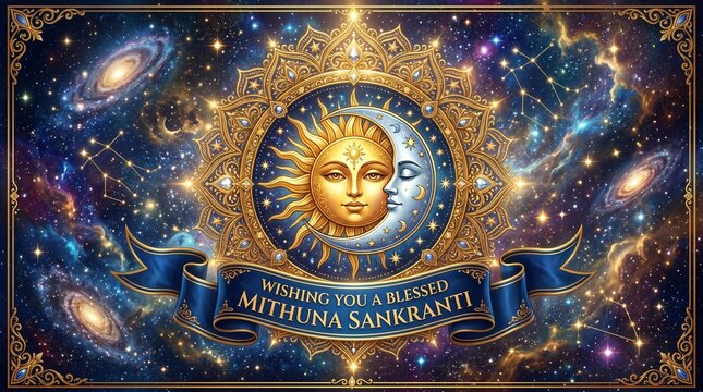 Radiant Mithuna Sankranti Hindu Festival Illustration Depicting Celestial Sun and Moon Orbiting Zodiac Cosmic Art Concept Background