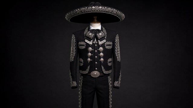 An ornate charro suit displayed on a mannequin, detailed embroidery and silver.