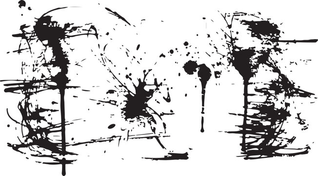 A collection of high-contrast, hand-drawn black ink splatters, sprays, and drip textures on a white background.
