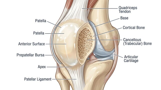 Detailed anatomy of the human patella (kneecap) and distal femur showing quadriceps tendon insertion, anterior surface, prepatellar bursa, apex, patellar ligament, cortical and cancellous bone and art