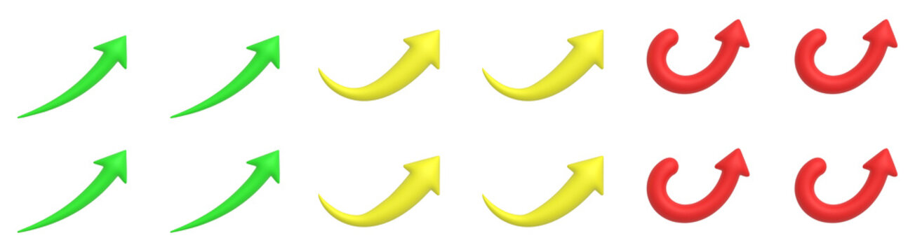 3d arrows set showing upward, curved, and circular movements in different colors.