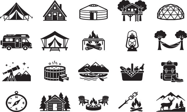 Collection of black and white representing camping and outdoor activities tent cabin yurt treehouse