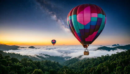 Naklejka premium Colorful hot air balloon soaring above misty mountain valleys at golden sunset with starry twilight sky and sea of clouds